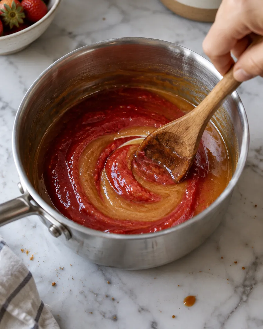 Step 4: Take the pan off the heat and carefully stir in the strawber