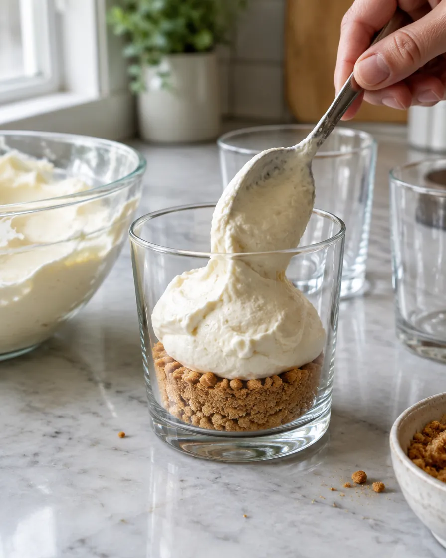 Step 7: To assemble, spoon crumble into the bottom of clear glasses,