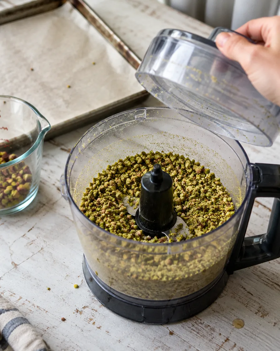 Step 1: Pulse the pistachios in a food processor into small crumbs. 