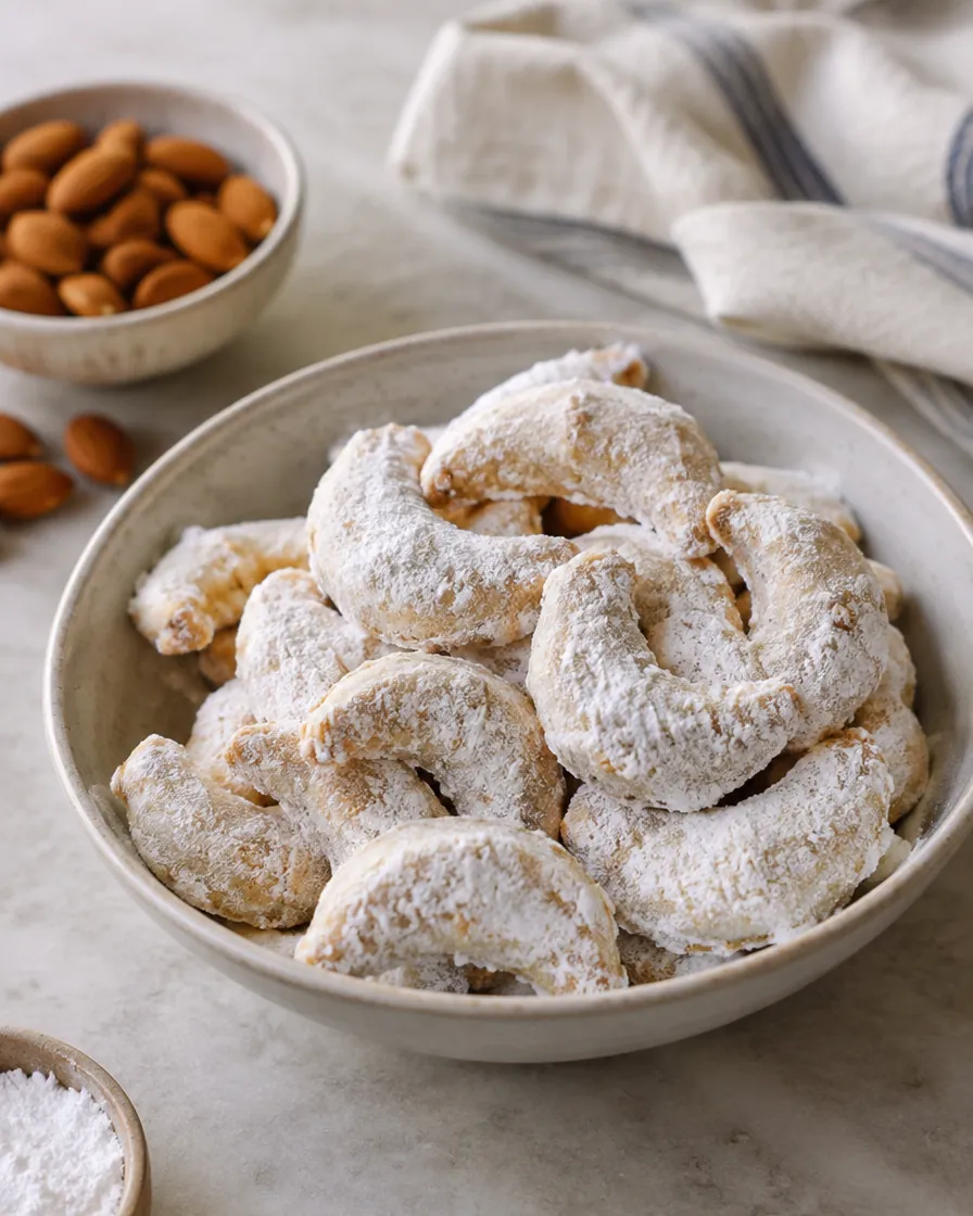 Bowl of almond crescent cookies dusted with powdered sugar