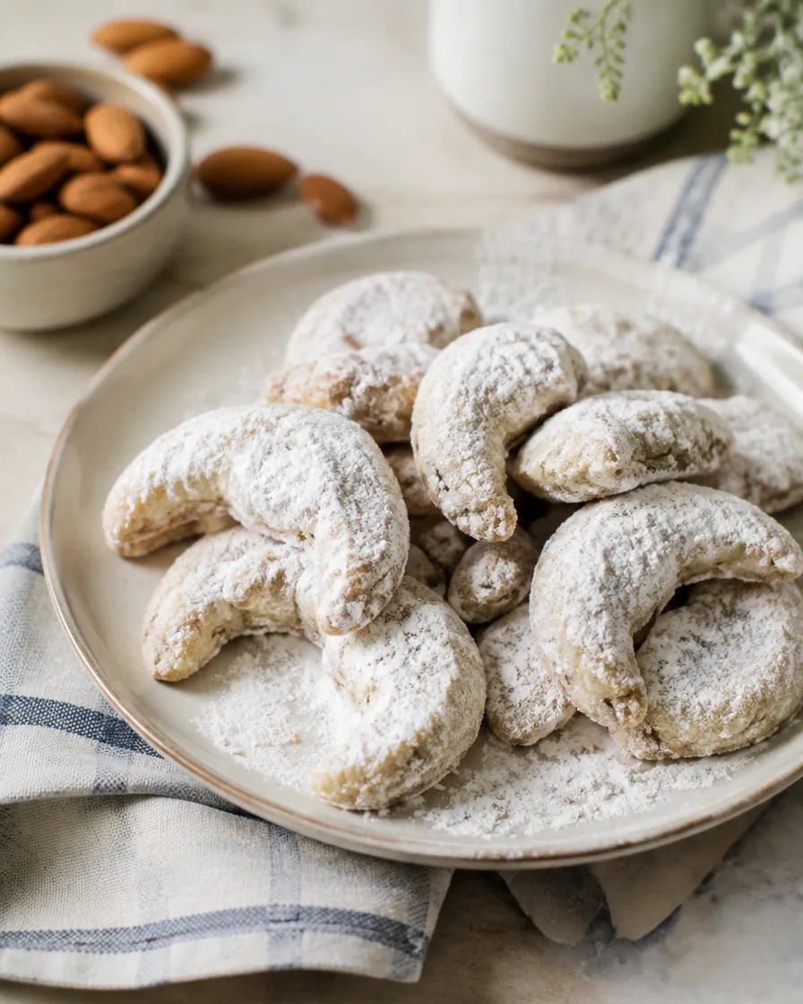 Plate of powdered sugar almond crescents