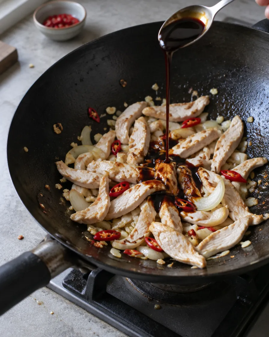 Step 4: Add the chicken and stir-fry until it is mostly white. Pour 