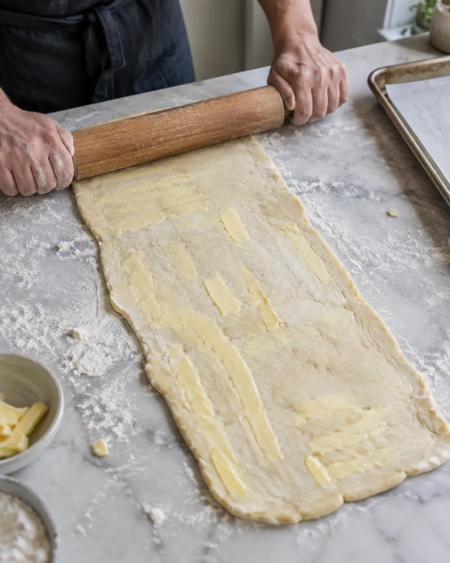 Step 6: Roll and fold: flour the counter generously. Pat the dough i
