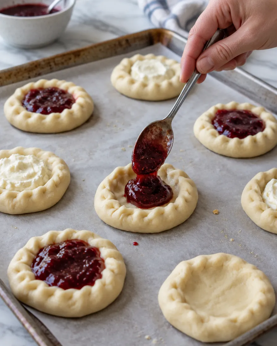 Step 11: Spoon 2 tsp of fruit filling or 1 tbsp of cheese filling int