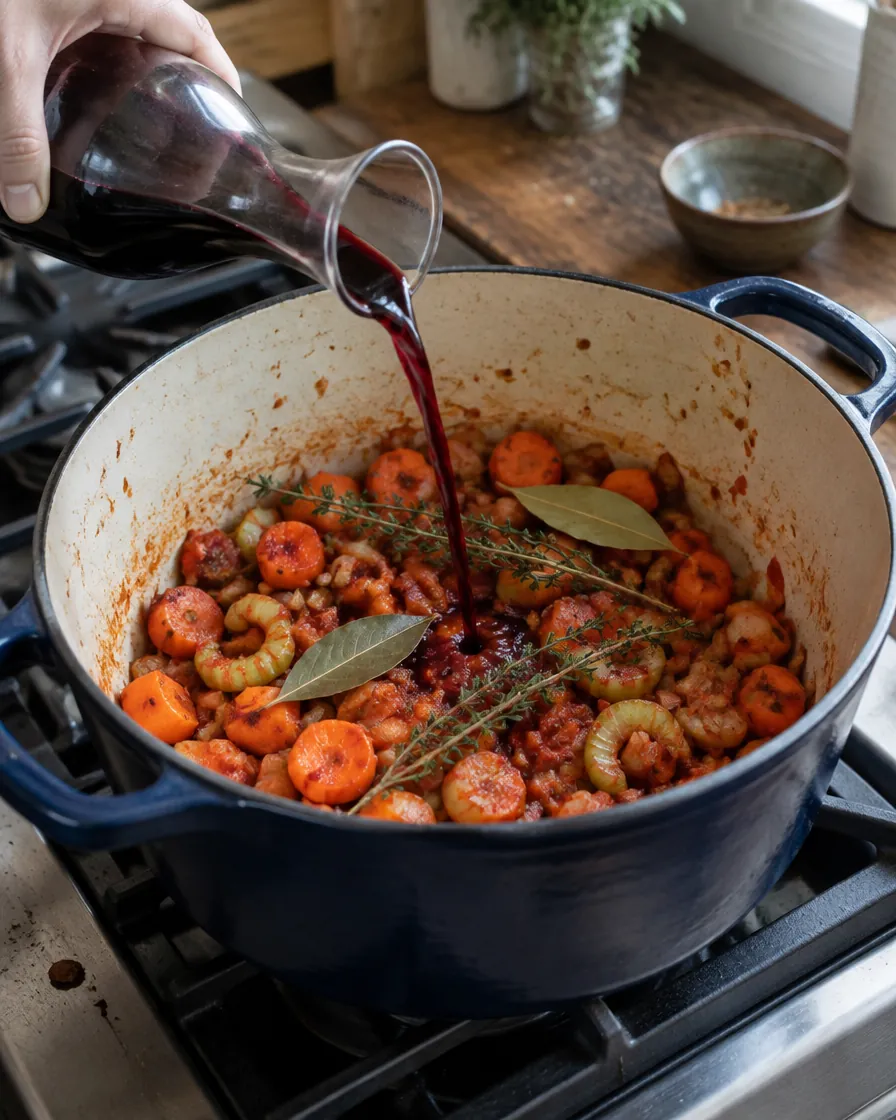 Step 7: Add the wine, broth, thyme and bay leaves, stirring until no