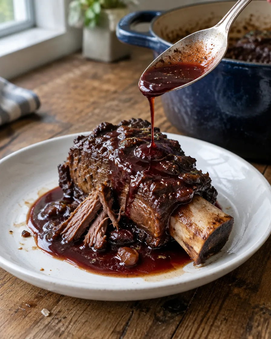 Plated rib with sauce spooned over