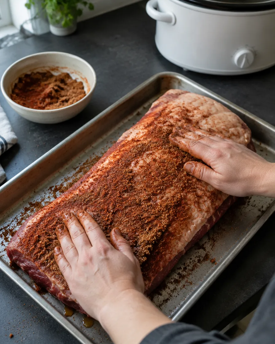 Step 1: Combine the rub ingredients and pat them all over the briske