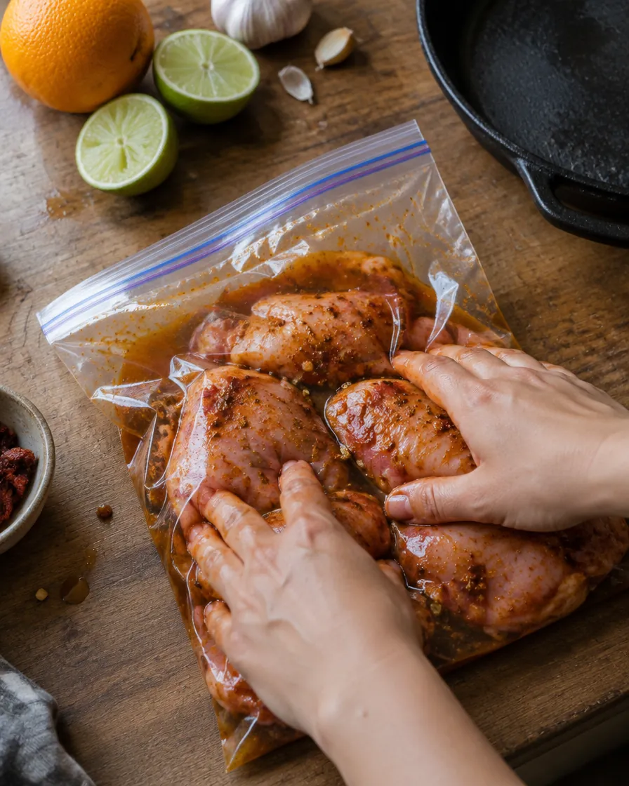 Step 1: Combine the marinade ingredients in a zip-top bag, add the c