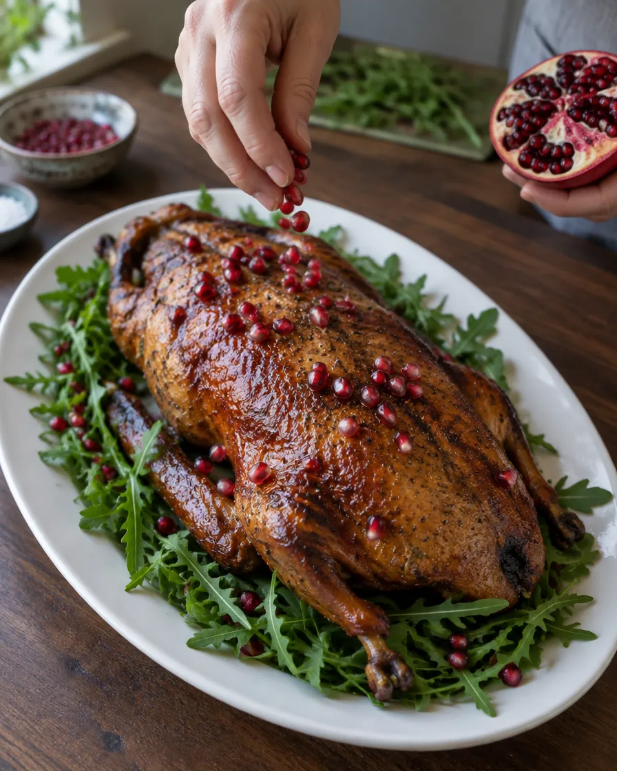 Step 9: Serve on a bed of rocket, scatter with pomegranate seeds, an