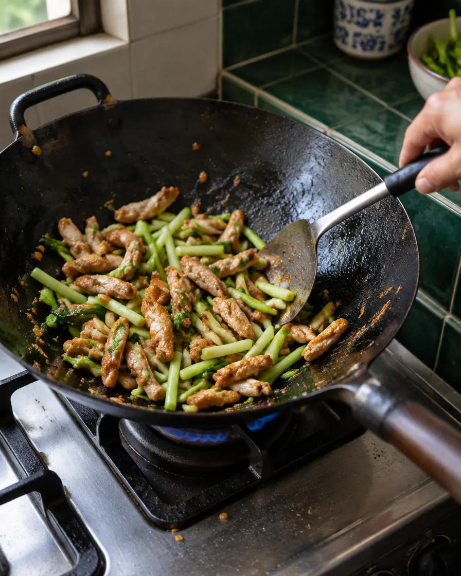 Step 4: Add the broccoli stems and the shredded chicken and stir-fry