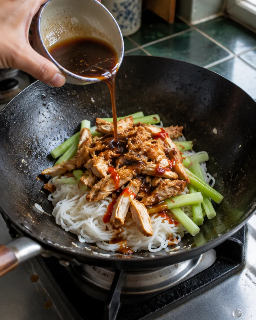 Step 5: Add the noodles, braising liquid and sriracha (if using) and