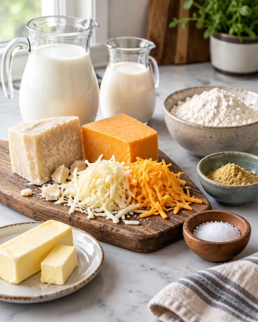 Mac and cheese sauce ingredients: cheeses, milk, half-and-half, butter, flour and ground mustard