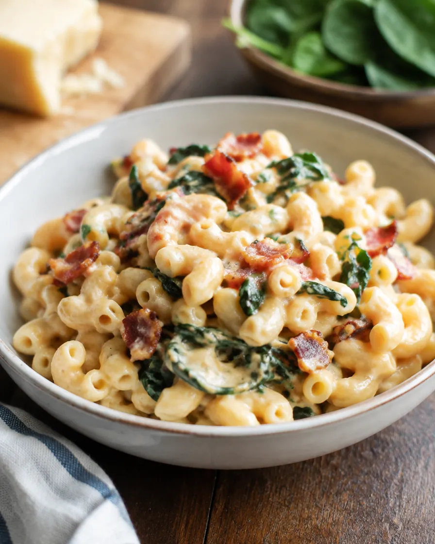 Bowl of creamy mac and cheese with bacon and spinach