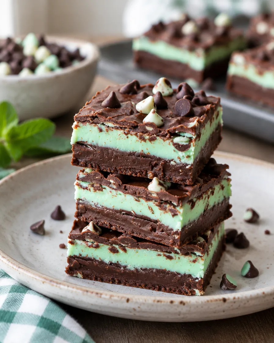 Stack of three-layer mint chocolate fudge squares
