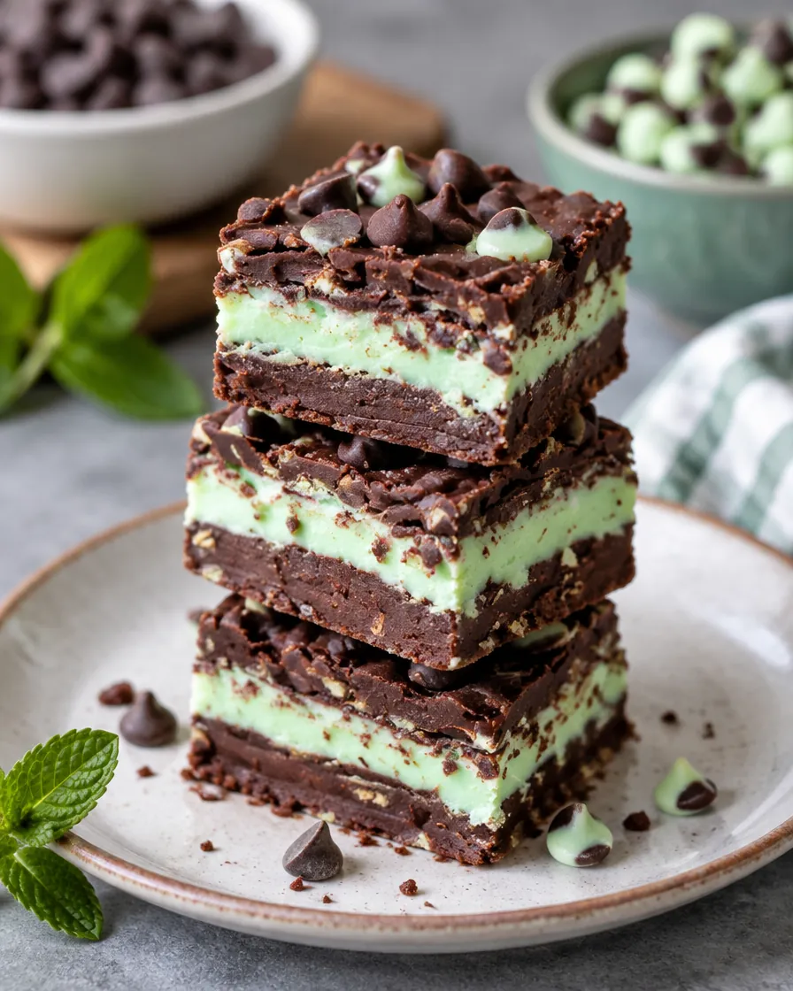 Tall stack of mint chocolate fudge squares on a plate