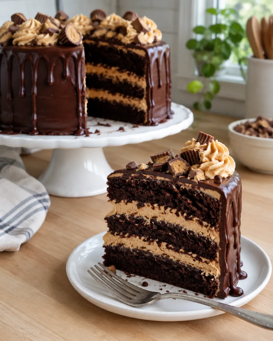 Triple-Layer Chocolate Peanut Butter Cake with Ganache
