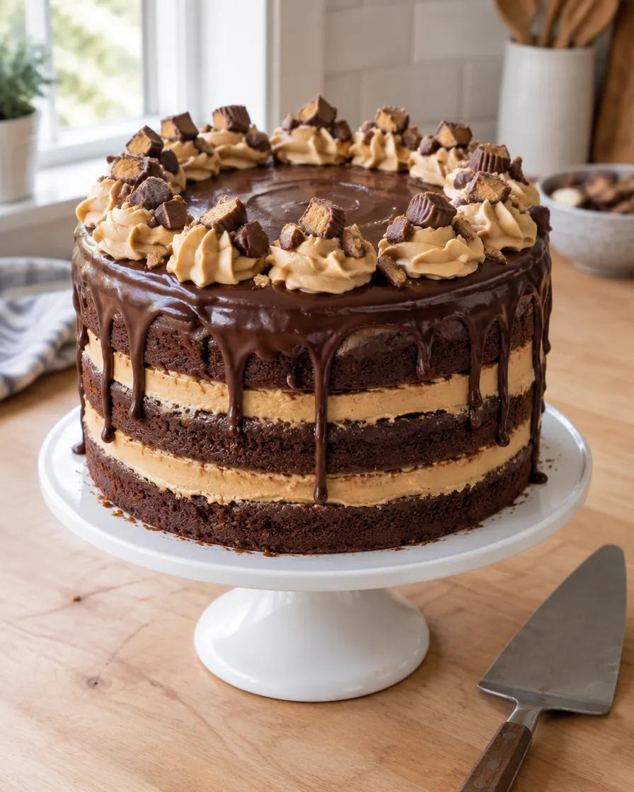 Whole chocolate peanut butter cake with ganache and peanut butter cups