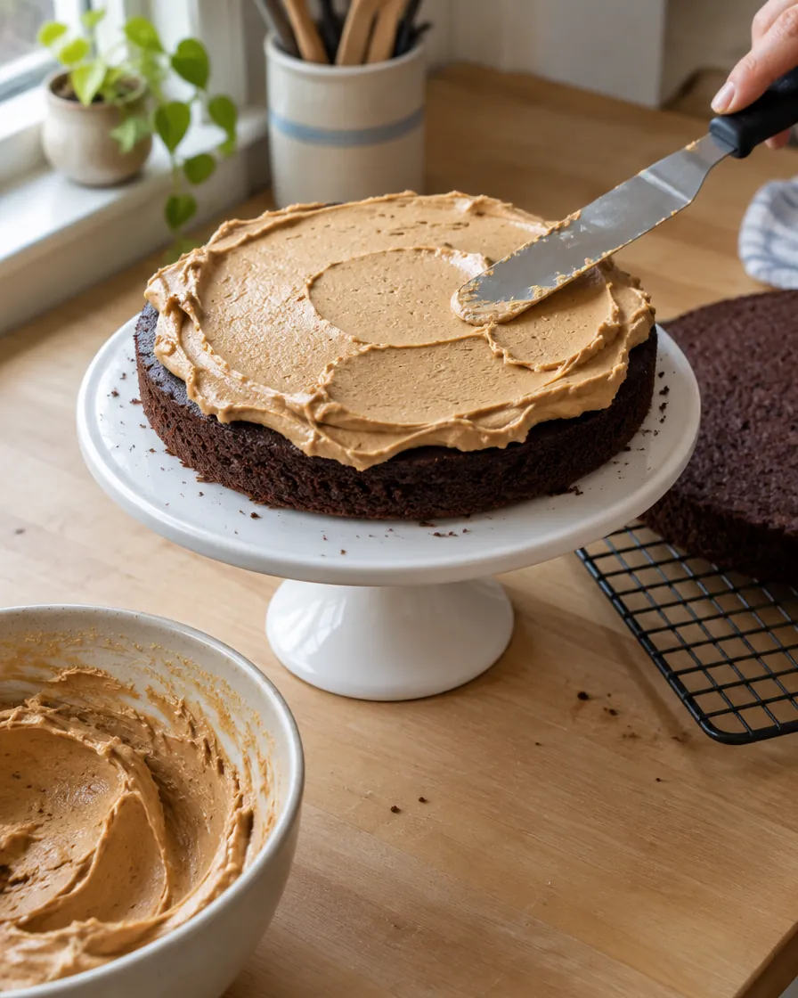 Step 5: Set one layer on a serving plate and spread about 1 cup of f