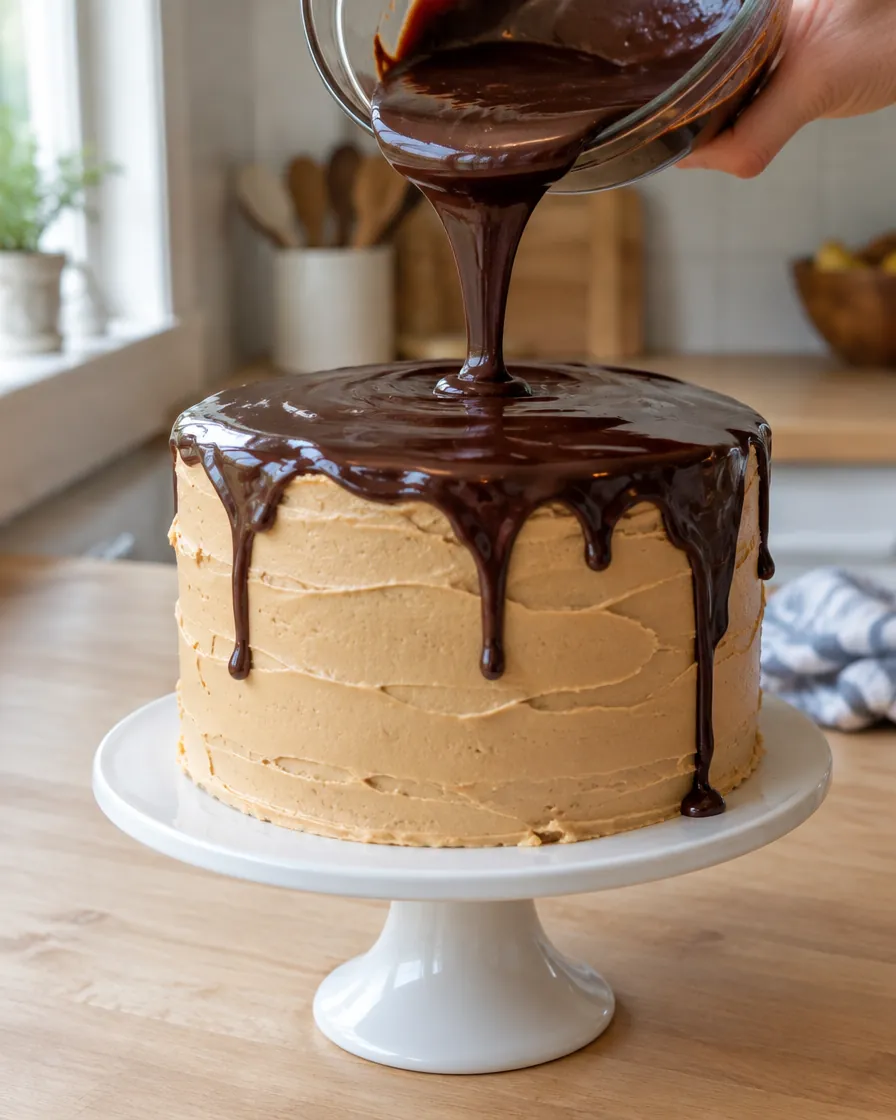 Step 7: Pour or spoon the thickened ganache over the chilled cake an