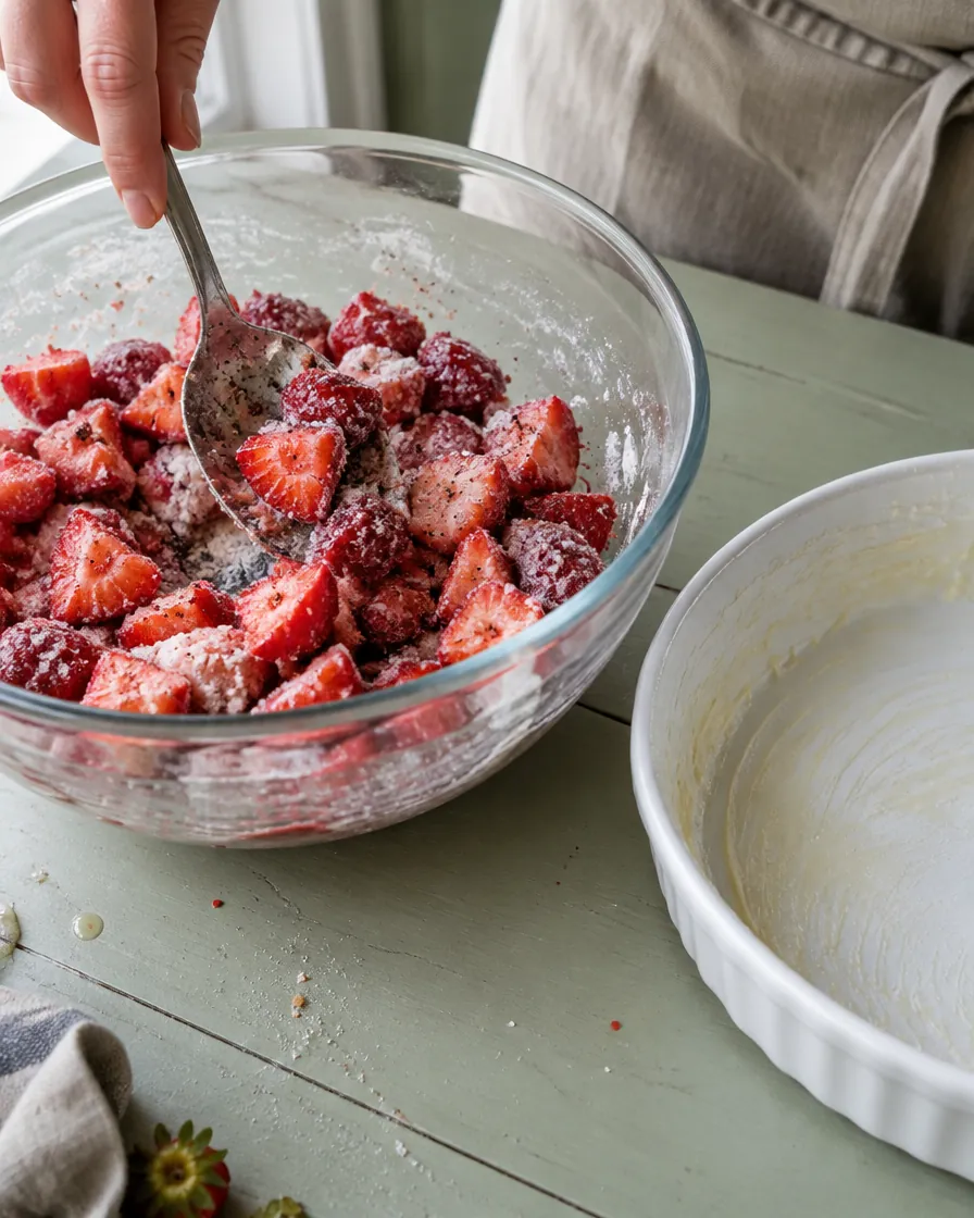 Step 2: For the filling, toss the strawberries with the flour, sugar