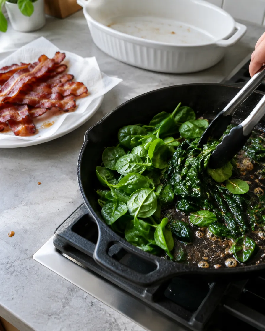 Step 4: Over low heat, wilt the spinach in the reserved bacon fat fo