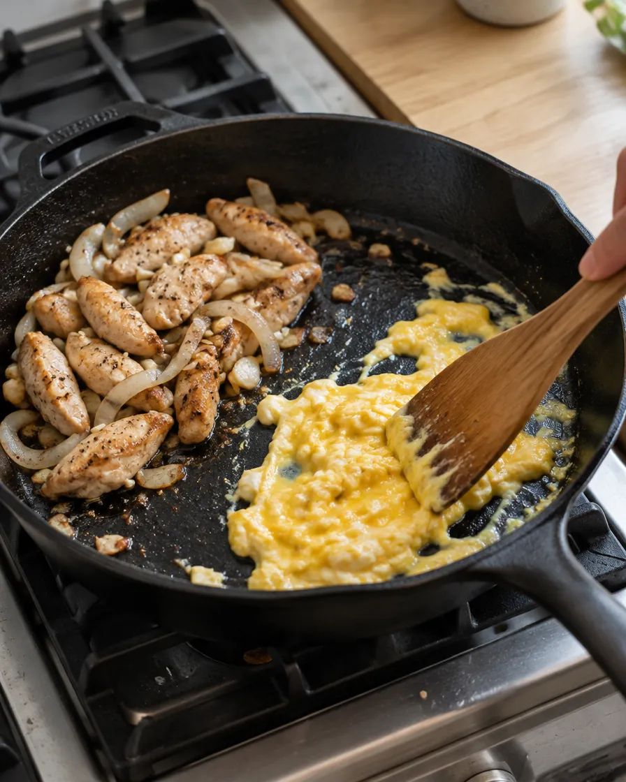 Step 5: Push the chicken to one side, pour the egg into the empty sp