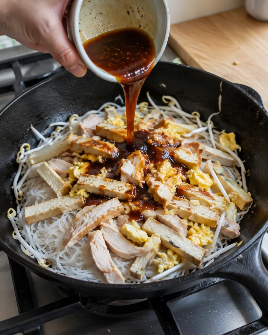 Step 6: Add the bean sprouts, tofu and noodles, then pour in the sau